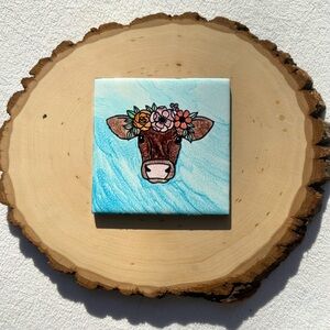 Brown Cow with Floral Headband Ceramic Tile Decor - Farmhouse - Hand Crafted Art
